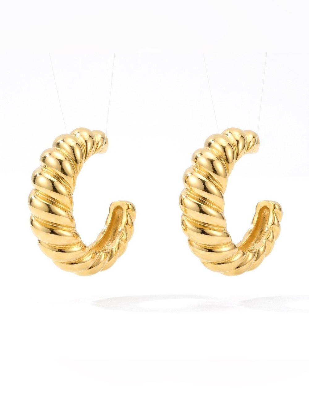 New 18k Gold Plated Twist Puffed Small Hoop Push Back Stud Minimalist Earrings